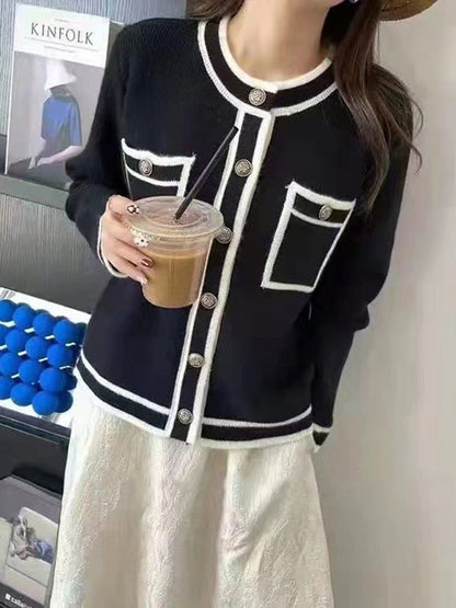 Long Sleeves Buttoned Contrast Color Pockets Round-neck Cardigan Tops
