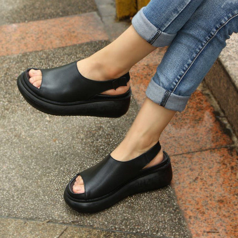 Summer Cow Leather Shoes Coffee Wedge Heel Sandals