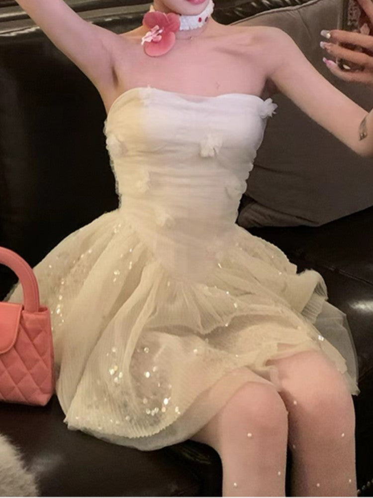 Y2k Strapless Mini Dress Mesh Sequins Birthday Party A-line Spring Summer Princess Dress Wedding Prom Vestidos New