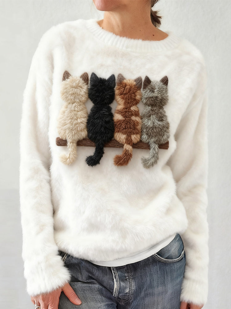 Cute Cats Embroidered Round Neck Cozy Plush Sweatshirt