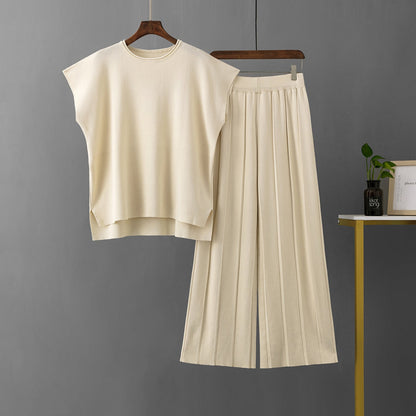 Summer Color Sleeveless Vest Sweater Wide Leg Pants Ice Silk Set – Outfit for Hot Days