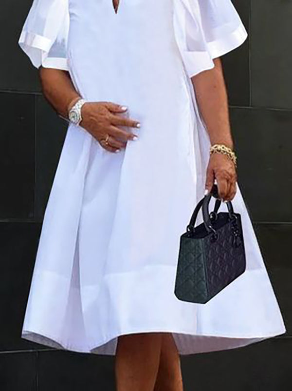 A-line Loose Mesh Pleated Color Split-joint V-neck Midi Dresses