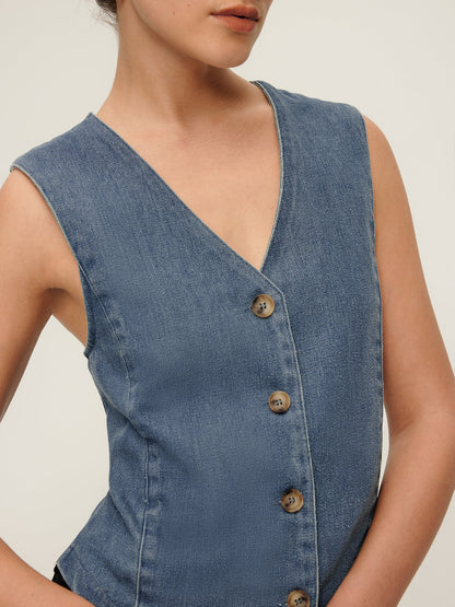 V-neck Piping Button Denim Vest