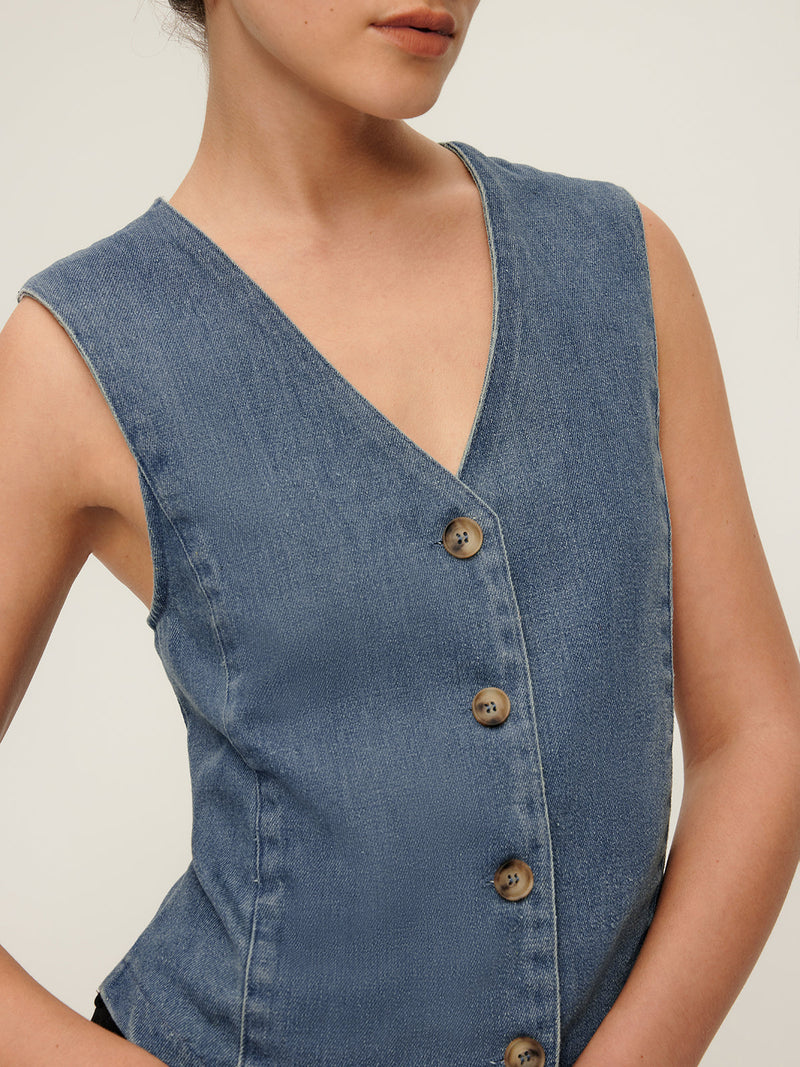 V-neck Piping Button Denim Vest