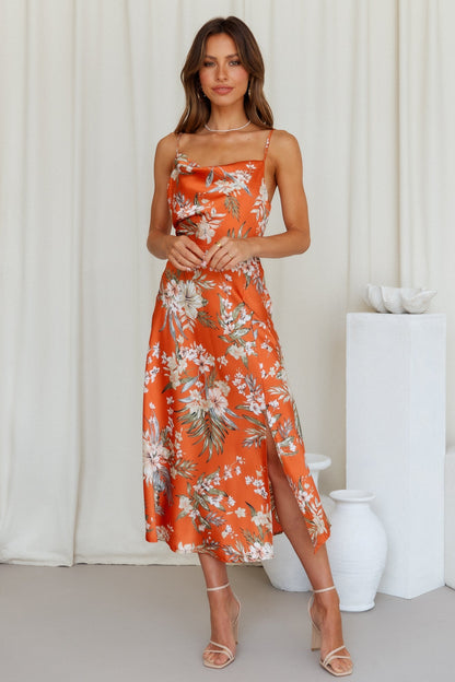 Printed Cami Slit Midi Dress Orange