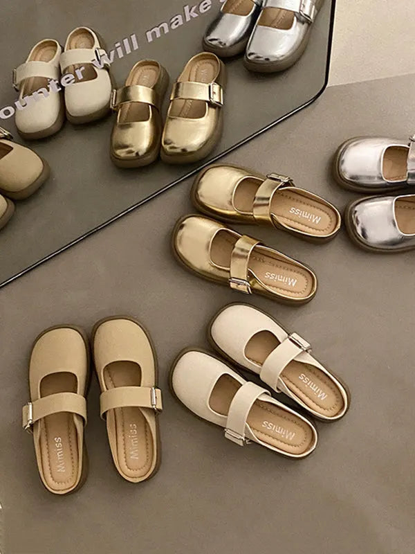 Belt Buckle Round-toe Shallow Cut Split-joint Platform Shoes Slippers&mules