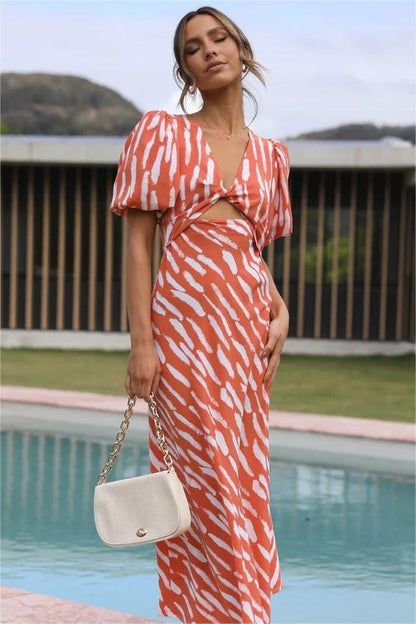 Print Puff Sleeve V-neck Cut-out Slit Midi Dress