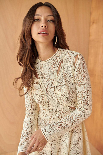 Lace Cut-out Long Sleeve Midi Dress