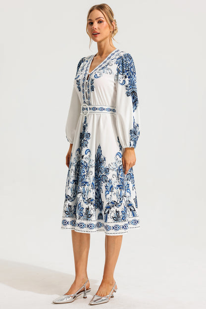 Paisley Single Breasted Long Sleeve Mini Dress With Belt