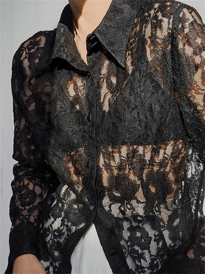 Tossy Lace Printed See-through Shirts for Lapel Hollow Out Long Sleeve Patchwork Cardigan ’s Loose Shirts Summer