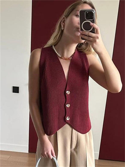 Tossy Knit V Neck Tank Top New Button Down Vest Sleeveless Slim Going Out Beach Holiday Tops for Lady
