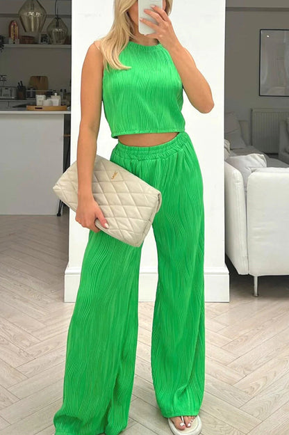 Color Water Wave Crew Neck Tank Top and Elastic Waist Straight Pants Set