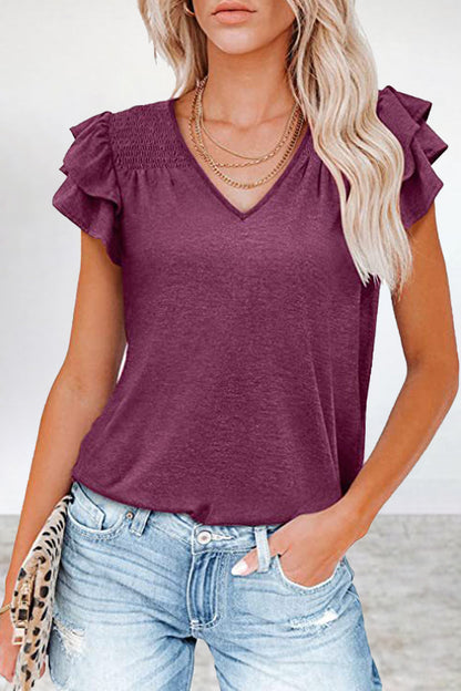 Simplicity Flounce V Neck T-shirts(5 Colors)