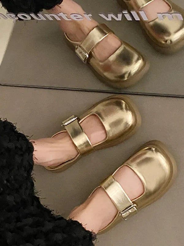 Belt Buckle Round-toe Shallow Cut Split-joint Platform Shoes Slippers&mules