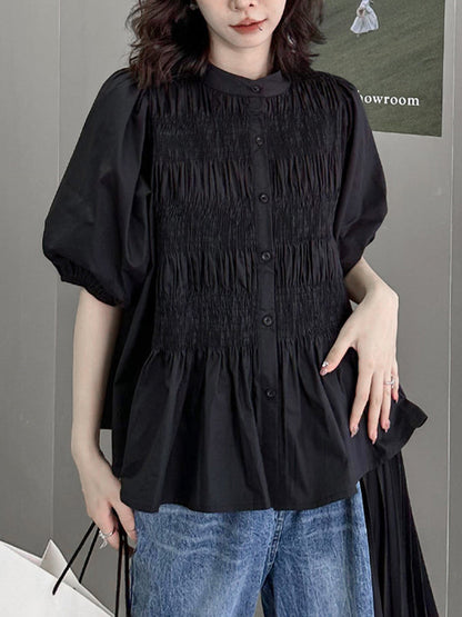 Loose Puff Sleeves Pleated Color Round-neck Blouses&shirts Tops