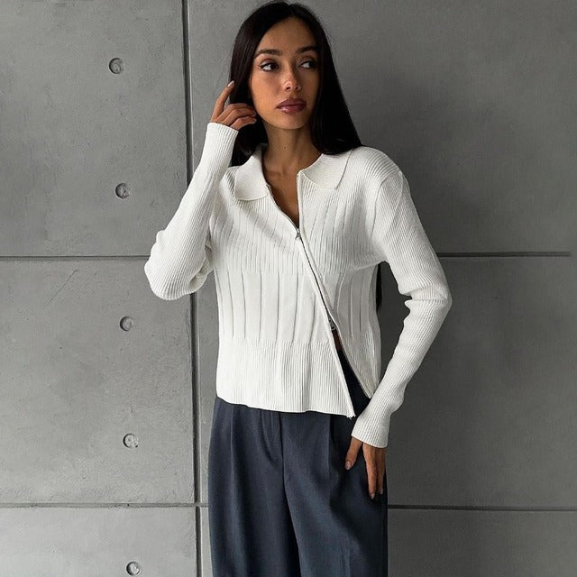 Taruxy White Knitted Cardigan Ribbing Turn Collar Zipper Slim Sweater Femme Autumn Winter Knitwear Cardigans Woman