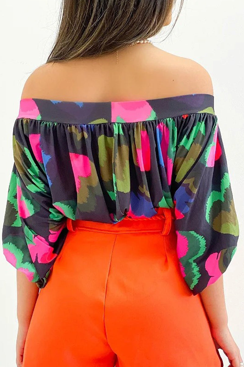 Print Patchwork Off the Shoulder T-shirts