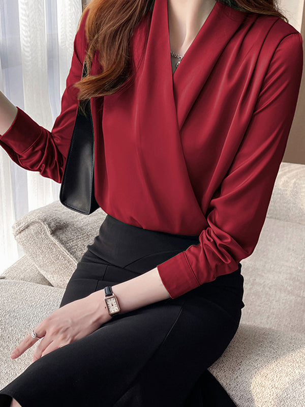 Long Sleeves Loose Buttoned Color V-neck Blouses&shirts Tops