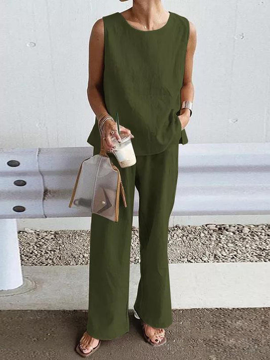 Loose Sleeveless Color Split-side Round-neck Vest Top + Pockets Pants Bottom Two Pieces Set