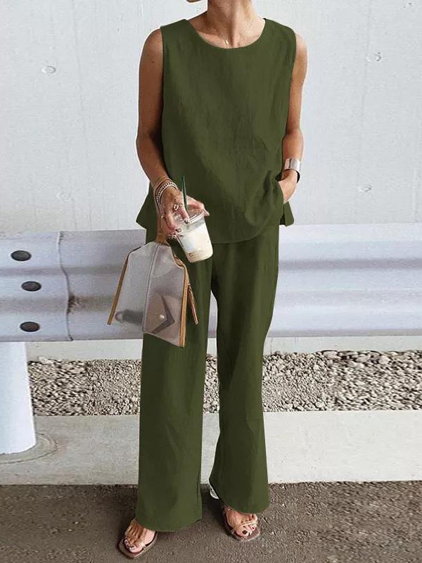 Loose Sleeveless Color Split-side Round-neck Vest Top + Pockets Pants Bottom Two Pieces Set