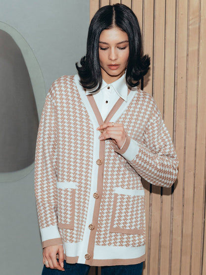 Taruxy Houndstooth Knitted Cardigan Loose Pockets Oversized Sweater Knitwear Cardigans Femme