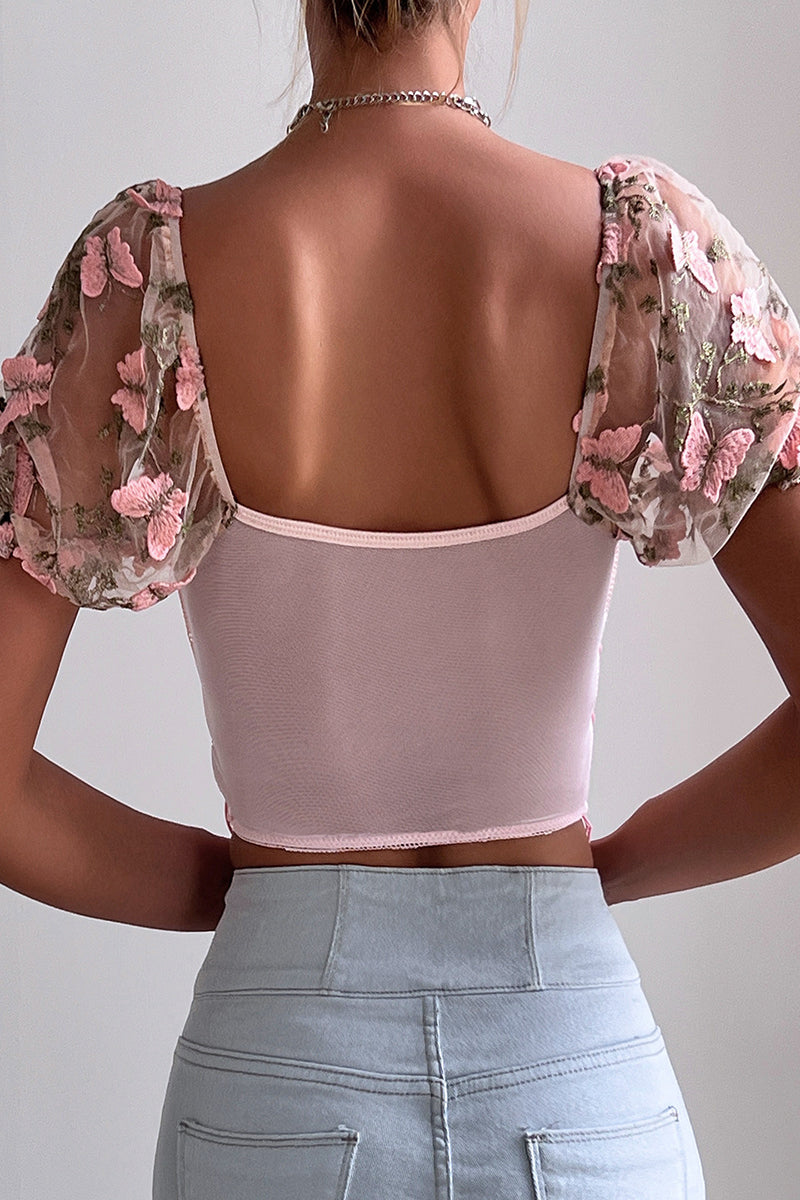 Butterfly Embroidered Draw String Mesh V Neck Low Waist T-shirts