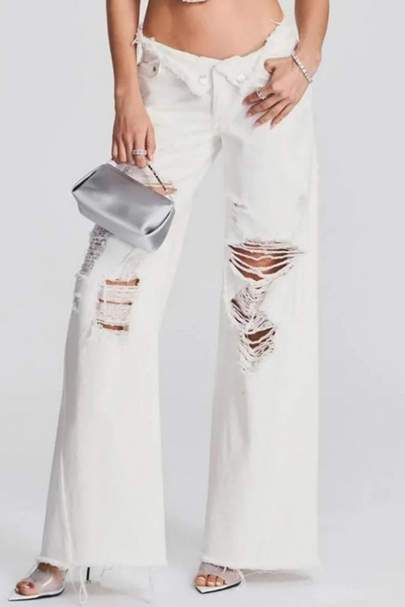 Ripped Patchwork Mid Waist Regular Denim Jeans (subject to the Actual Object)