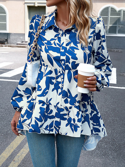 High-low Loose Contrast Color Leaves Print Lapel Blouses&shirts Tops