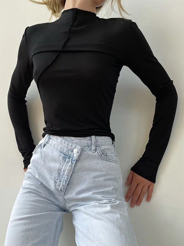 Splice Slim Fit Long Sleeve T-shirt Spring Autumn Half Turtleneck Basic T Shirt Tees