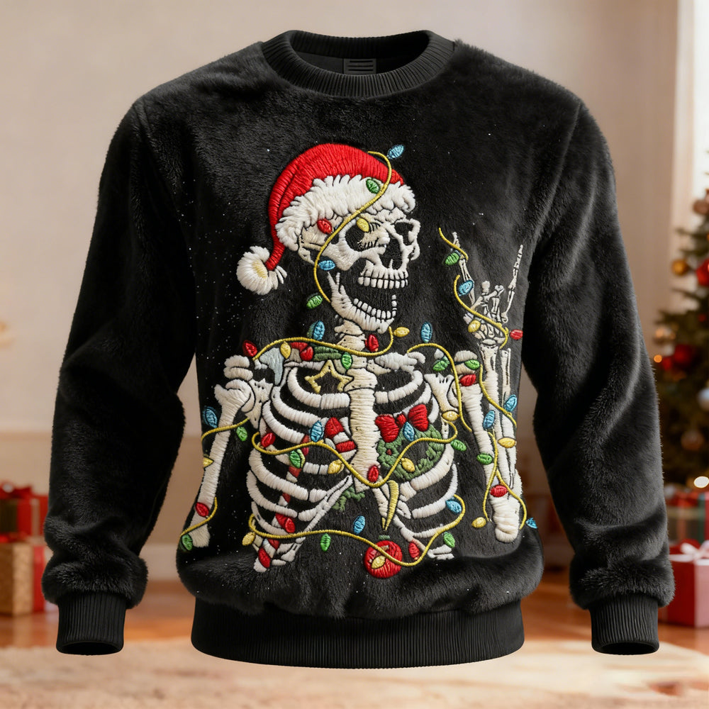 Comstylish Men's Christmas Skeleton Embroidered Cozy Plush Sweatshirt