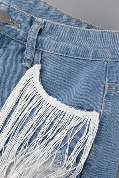 Simplicity Tassel Ripped Straight Denim Shorts