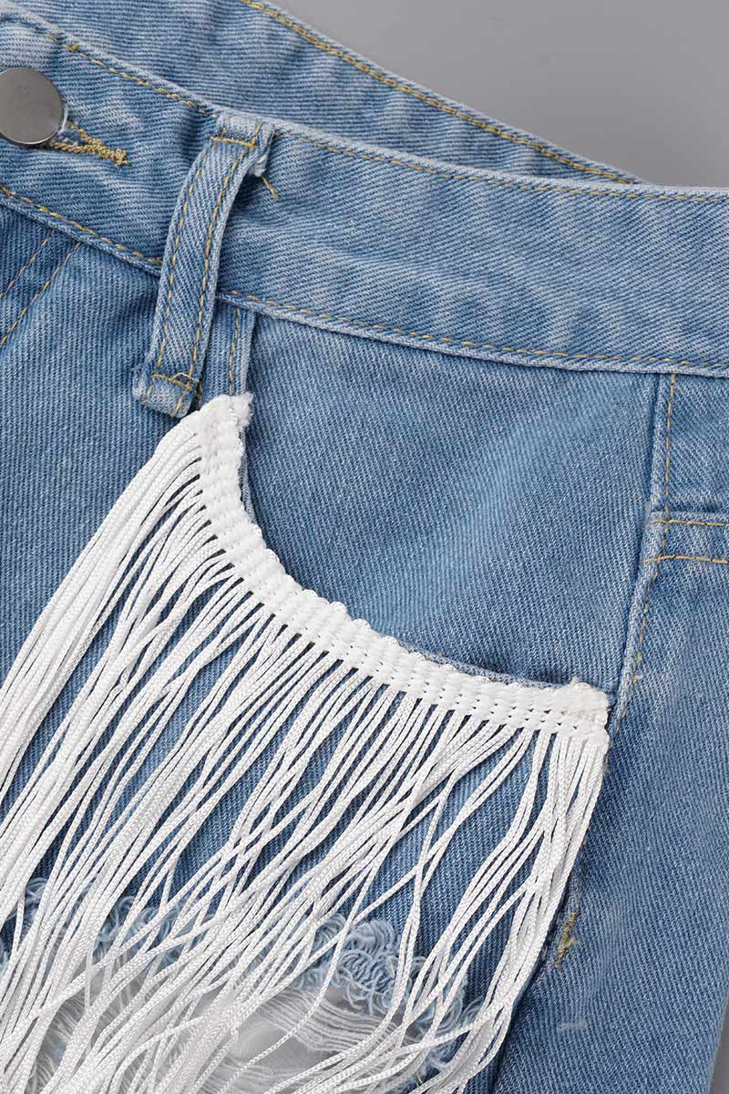 Simplicity Tassel Ripped Straight Denim Shorts