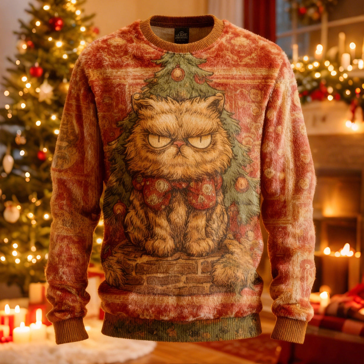 Comstylish Men's Fun Christmas Cat Crew Neck Plush Sweatshirt