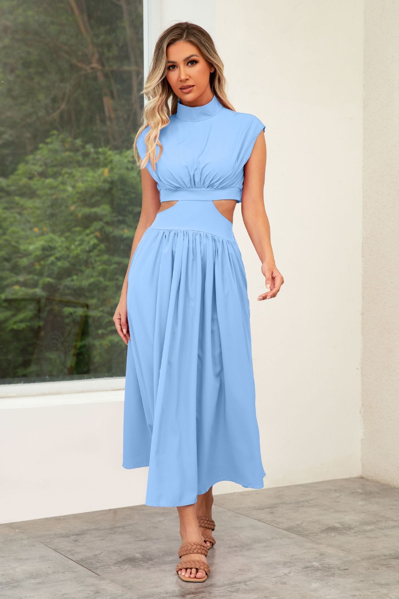 Self Made Real Shot Summer Sweet Stand Collar Macaron Color Cropped Outfit Maxi Dress