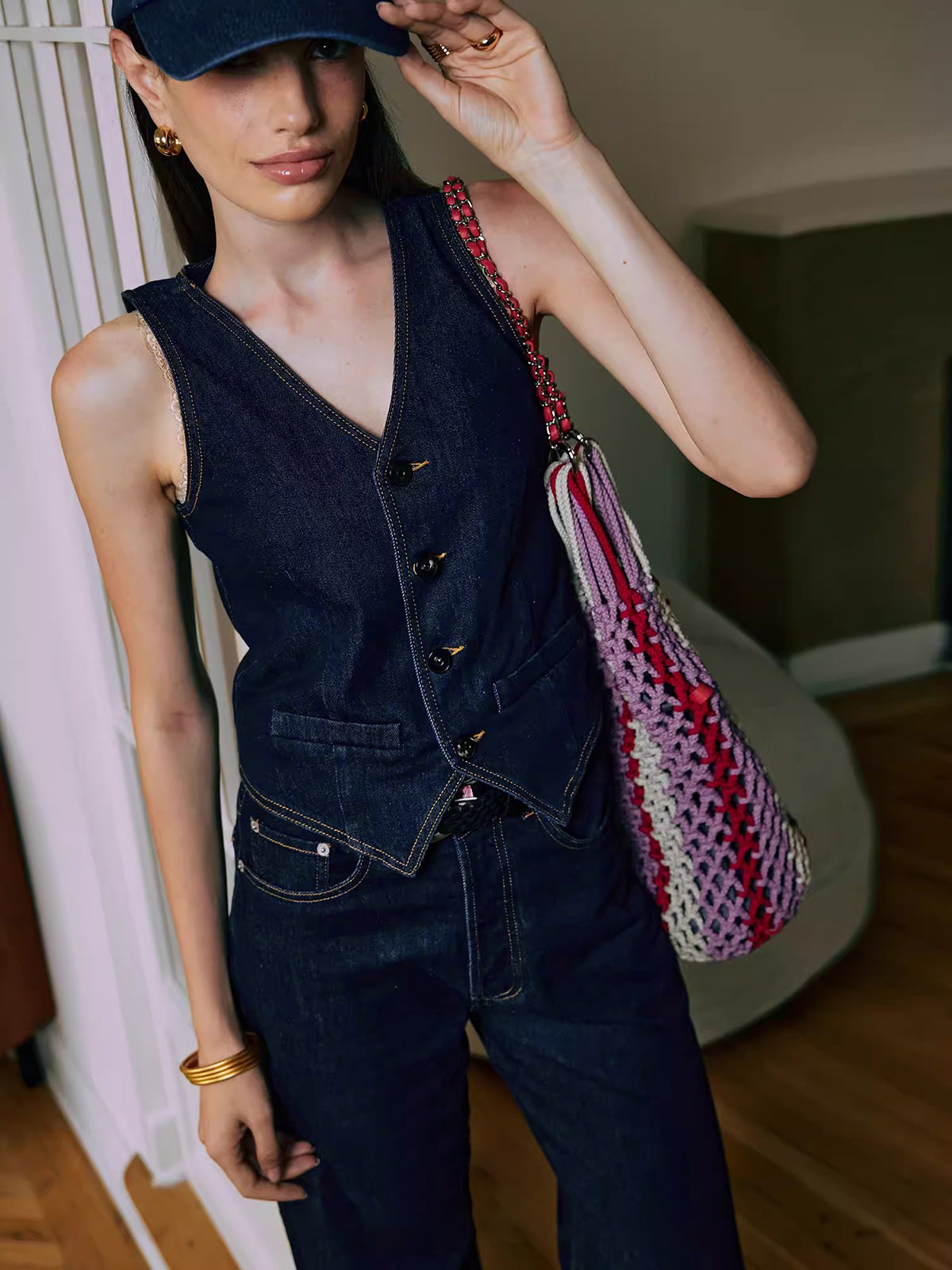Denim Vest With Back Belt
