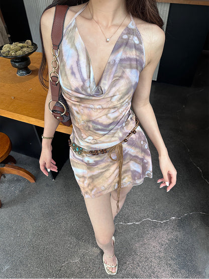 Tie Dye Sling Dress for ’s Y2k Clothing Summer Aesthetics Girdle Mini Dresses Spicy Girl A-line Mesh Bodycon Dress
