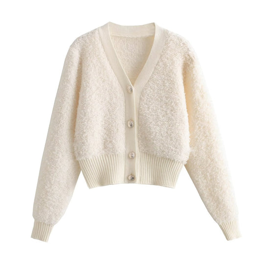 Fall Clothing Teddy Needle Fur Feeling V Neck Knitted Cardigan Coat