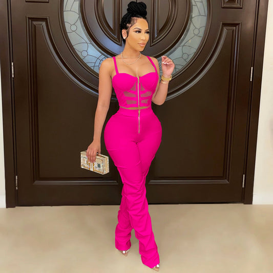 Color Clothing Spaghetti Straps Corset Zipper Vest Pants Two Piece Set – Stylish and Seductive Ensemble for