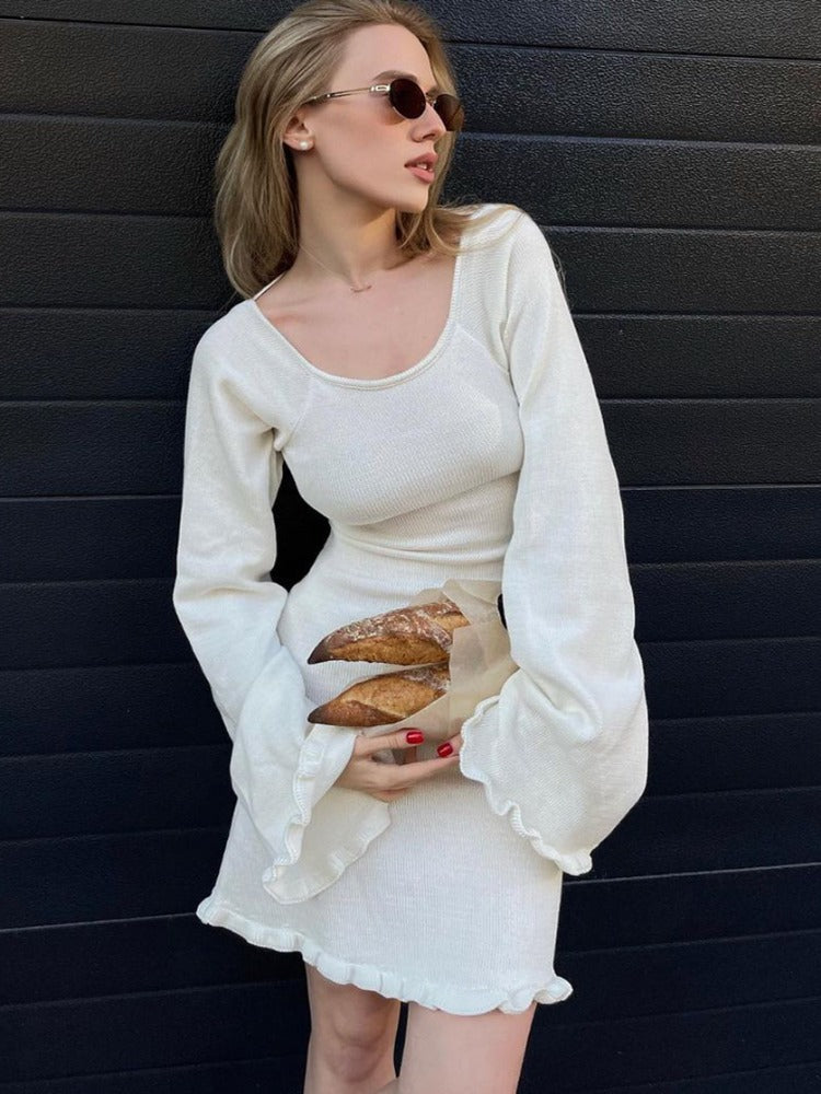 Taruxy Backless Knitted Mini Dress for Lace Up Long Sleeve Short Dresses Hot Club High Waist Dress Femme