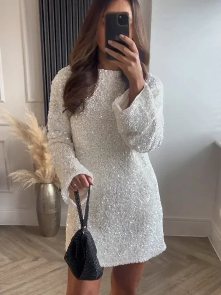 Tossy Tee Bow Backless Sequin Mini Dress Female Glitter Long Sleeve High Street Party Looks Dress Short Dress
