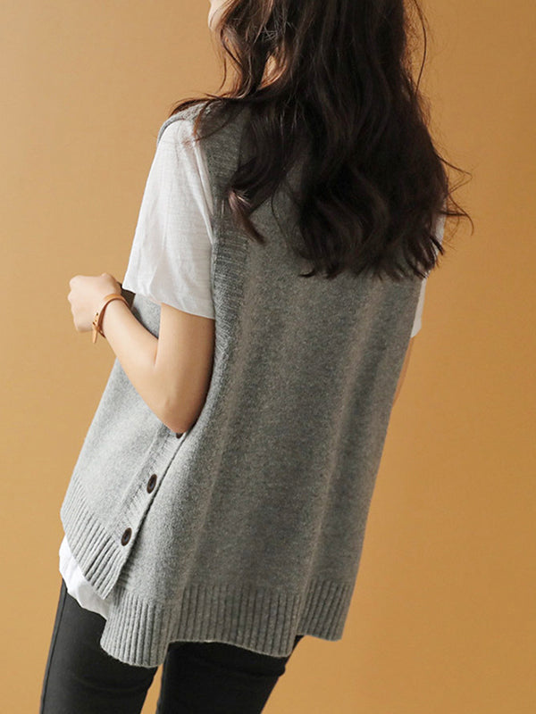 Simple Sleeveless Loose Buttoned Color Round-neck Sweater Vest Outerwear