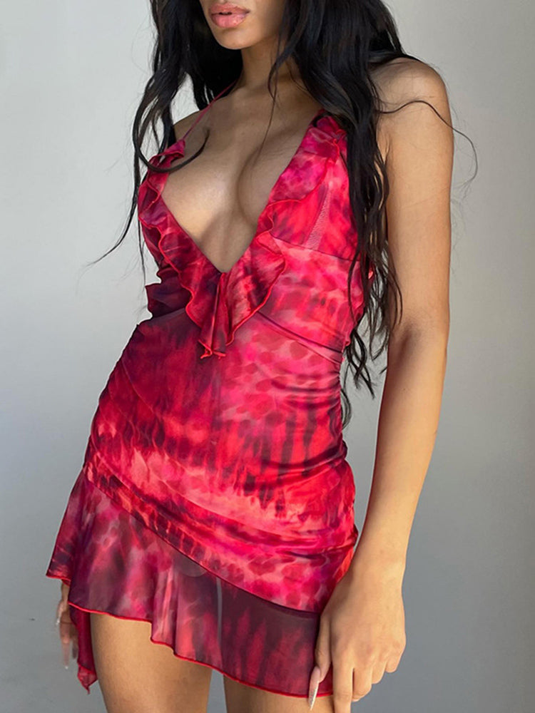 Tossy New Halter Neck Printed Dress for Hollow Backless Irregular Female Chiffon Folds Fungus Mini Dress