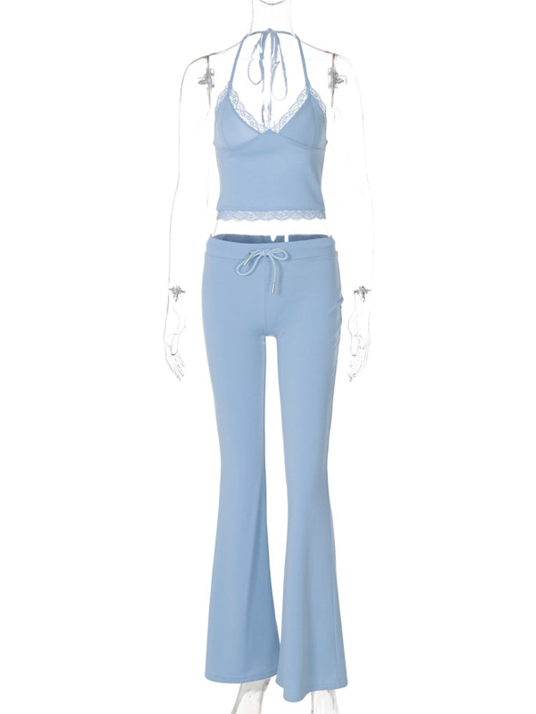 Tossy V-neck Strapless Wide-leg Pants Suit Lace V Neck Top Lace-up Long Trousers Summer Two Piece Sets