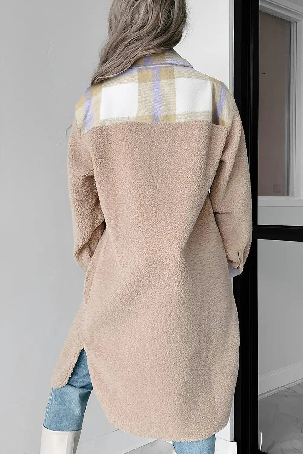 Smoke Gray Plaid Sherpa Long Coat