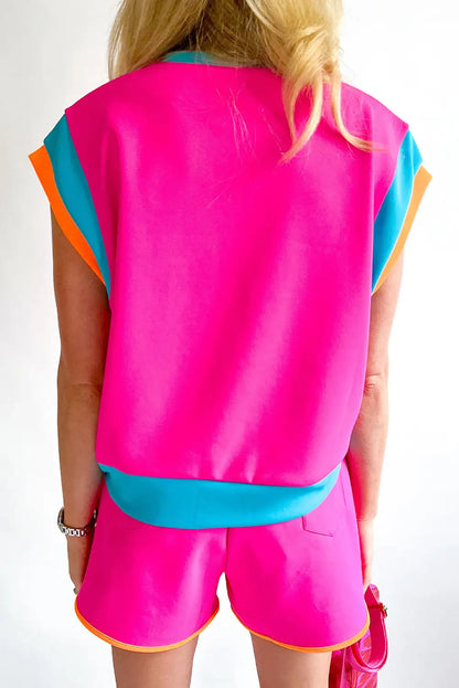 Rose Red Colorblock Cap Sleeve Top Shorts Set