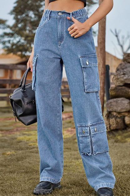 Street Pocket Mid Waist Loose Denim Jeans