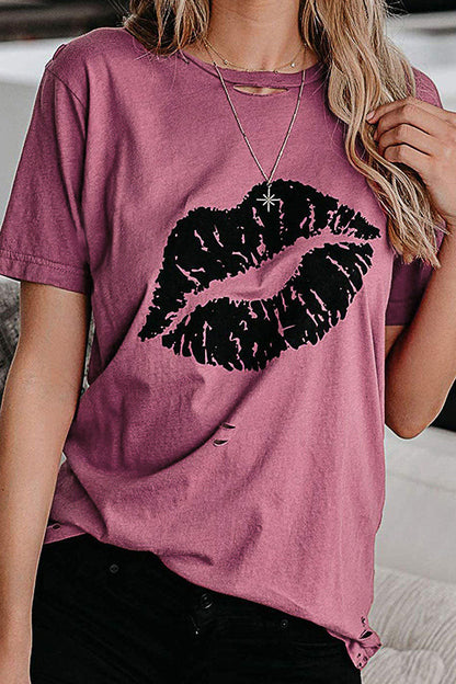 Sweet Print Split Joint O Neck T-shirts(3 Colors)