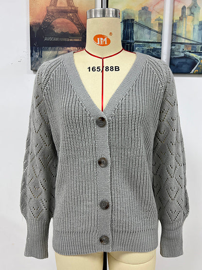 Long Sleeves Loose Color V-neck Cardigan Tops