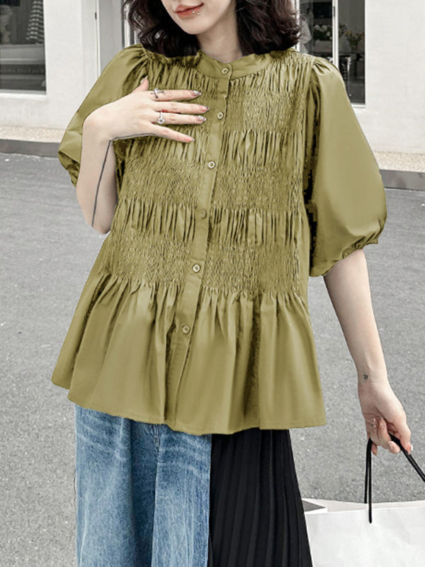 Loose Puff Sleeves Pleated Color Round-neck Blouses&shirts Tops