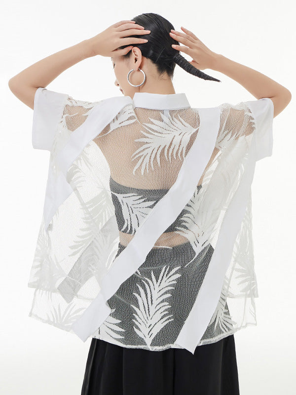 Stylish Loose Half Sleeves Buttoned Mesh Hollow See-through Blouses&shirts Tops